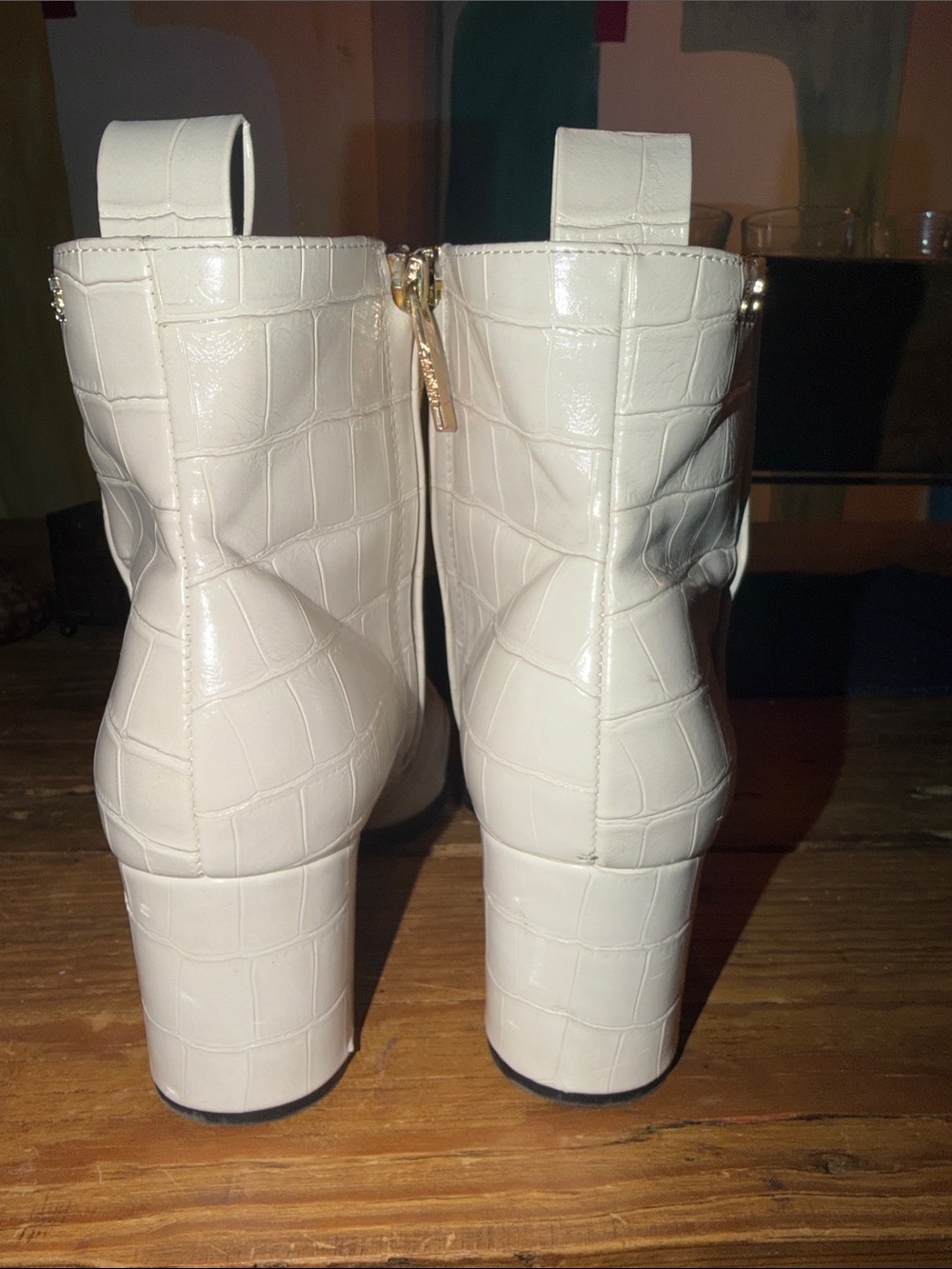 Women’s White Cream Croc-Embossed Block Heel Ankle Boots CALVIN KLEIN - Picture 4 of 9